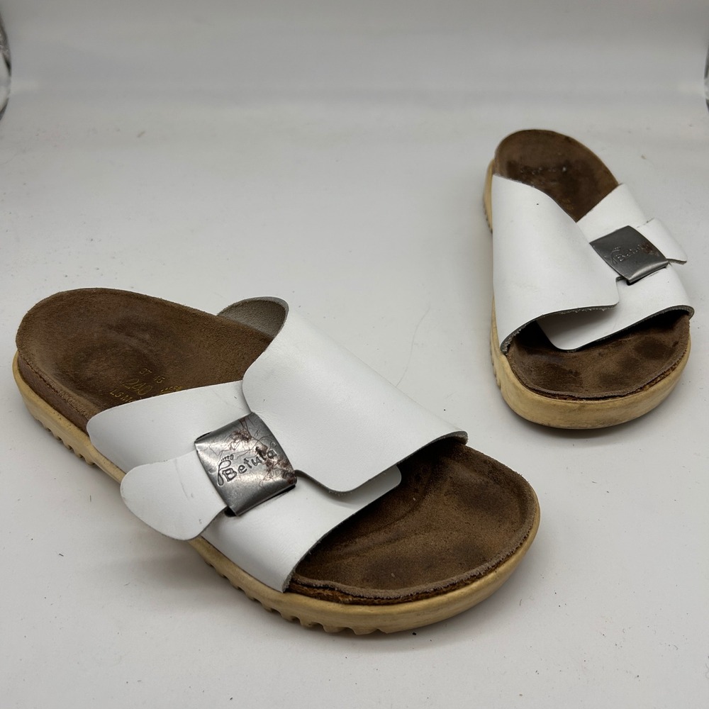 Betula by Birkenstock White Leather Slide Sandals Cork Footbed Spain Womens 6